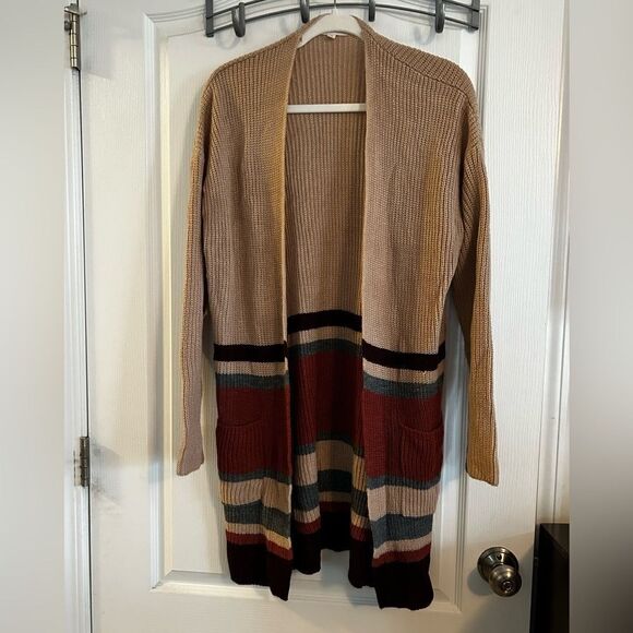 BeCool open front long cardigan Sweater Women’s M boho color block stripe cozy - Picture 1 of 13
